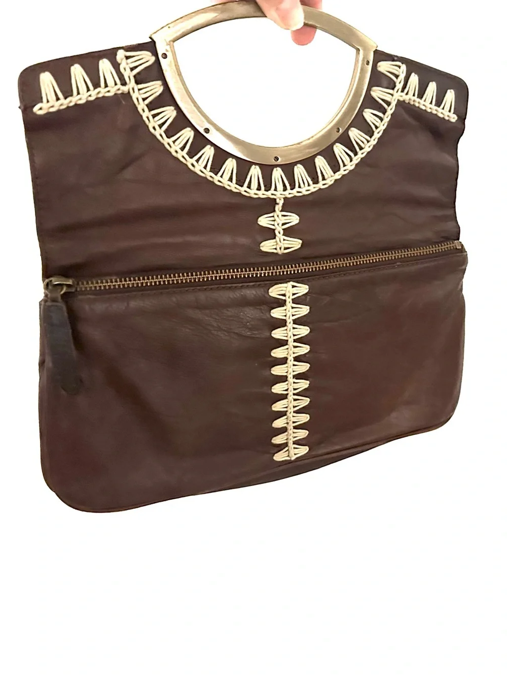 Rafe New York Leather Clutch with Brushed Steel Handle & Whipstitching